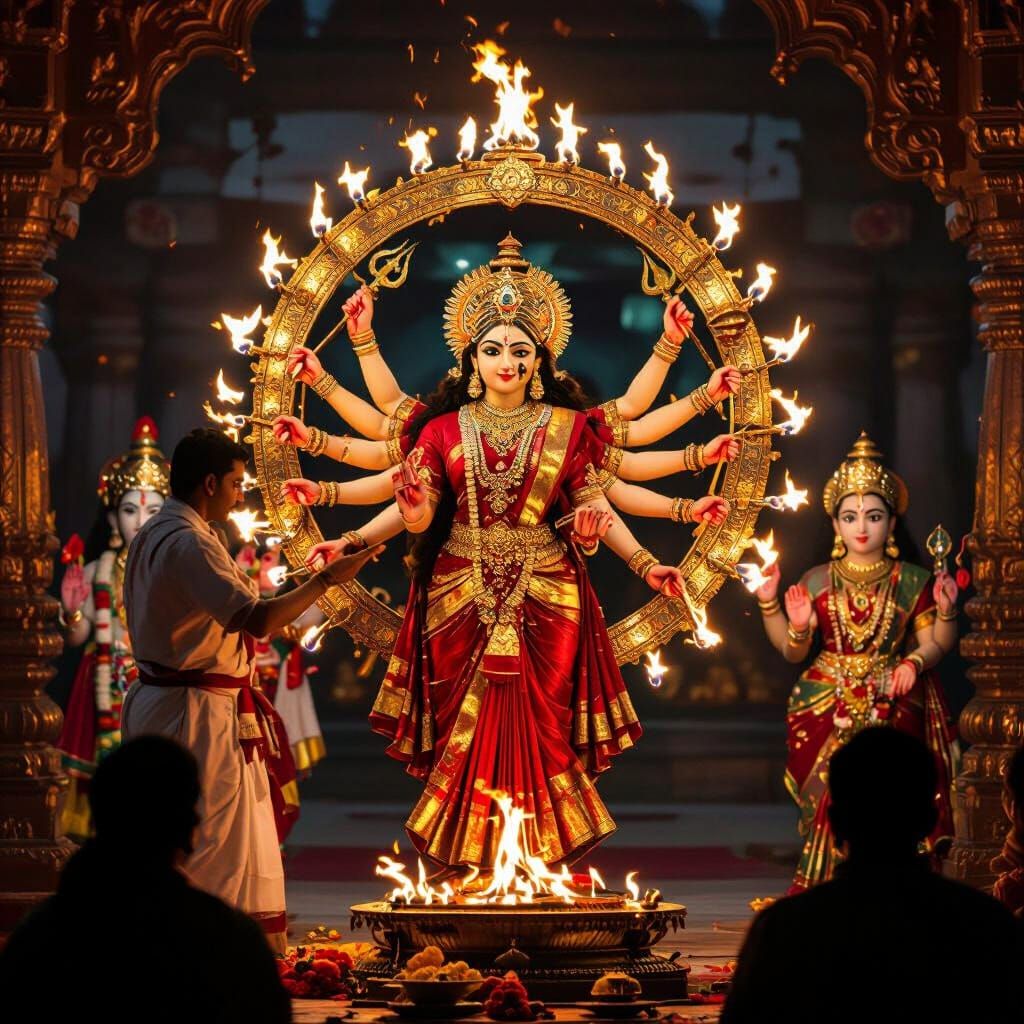 Priest Performing Evening Aarti Before Goddess Durga, Cinema...