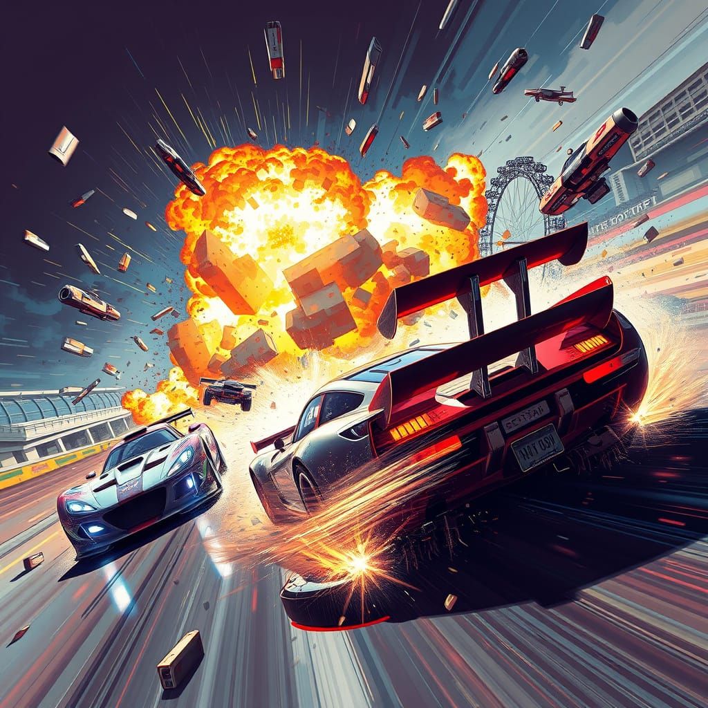 Explosive Race Car Crash in Futuristic Style