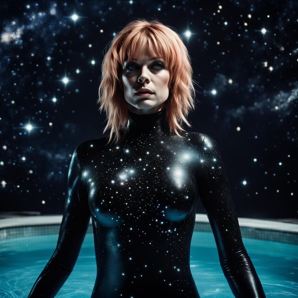 Woman in Catsuit Swimming in Pool of Stars