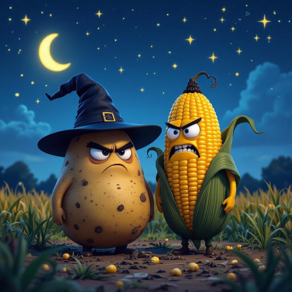 Grumpy Potato and Corn Farmers Under Starry Night Sky