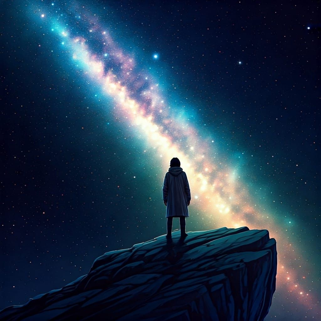 Lone Figure Gazing at Twinkling Stars