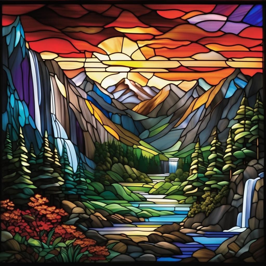 Stained Glass Landscape with Waterfall