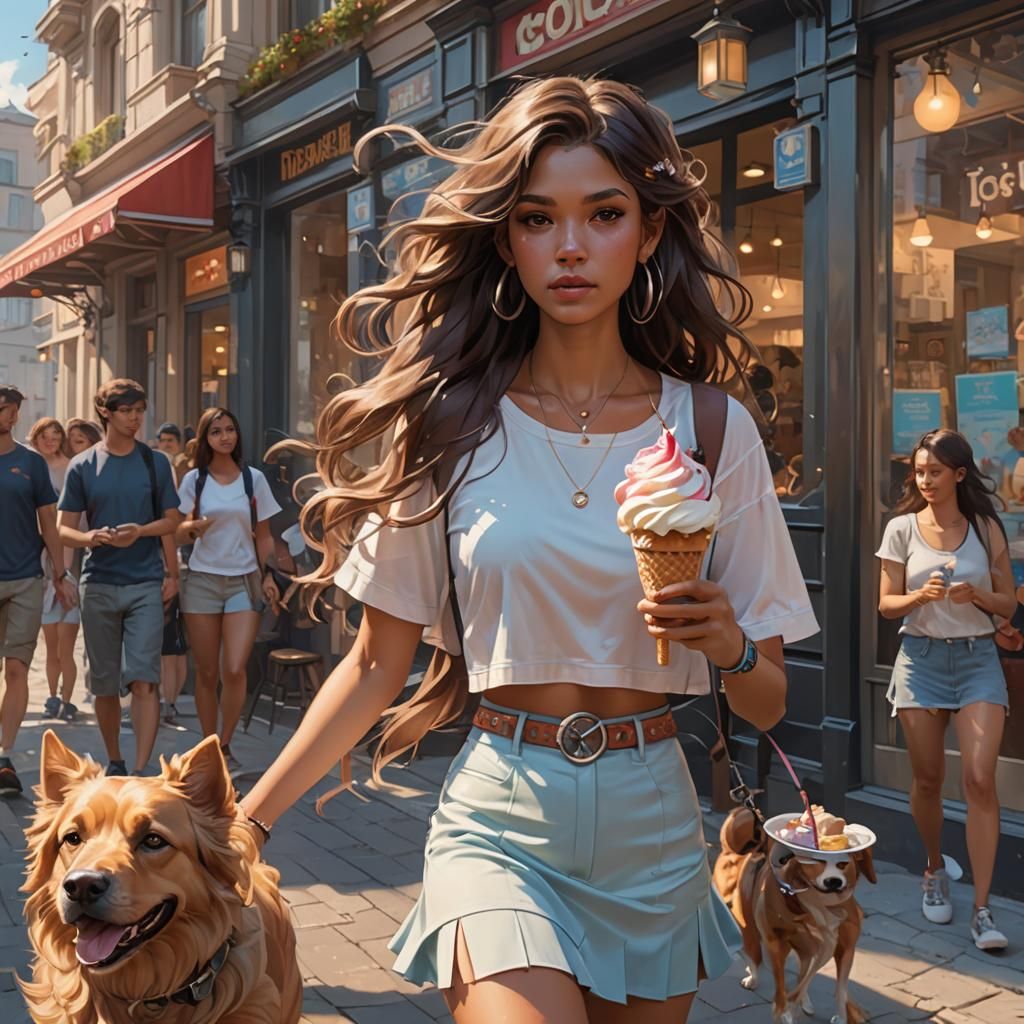 Girl Walking Dog, Eating Ice Cream: Hyperdetailed Portrait