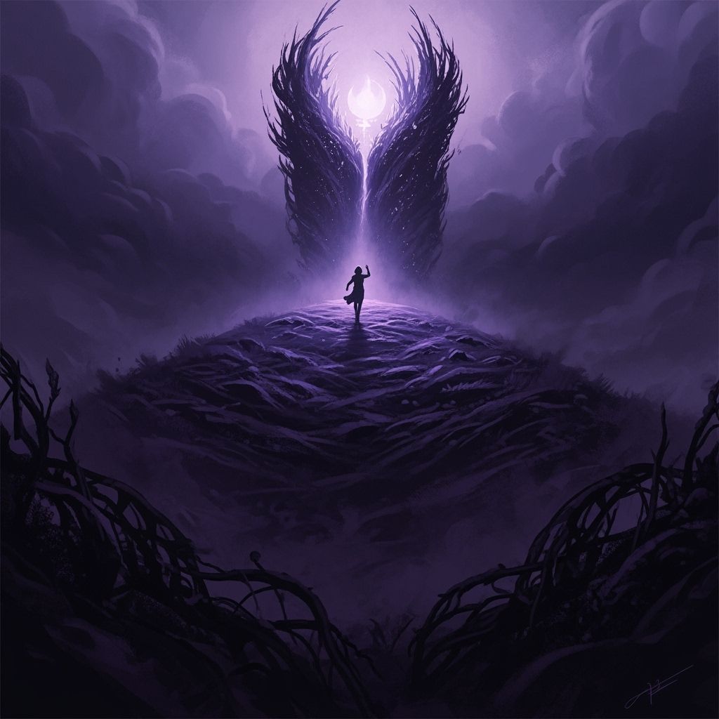 Mystical Figure Ascends Dreamlike Hill in Matte Painting Sty...