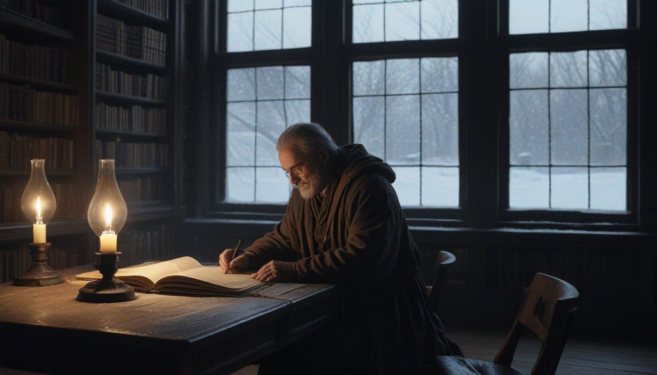 Scholar in Snowy Library: Ethereal Matte Painting
