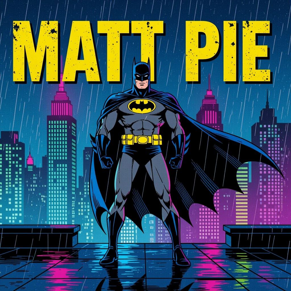 80s Batman on Rooftop, Neon City, Retro Palette