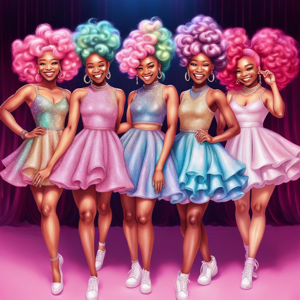 Radiant Girl Band Rocks Glittery Stage in Pastel Colors