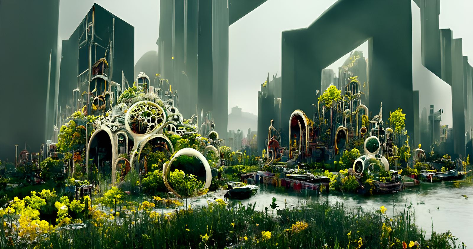 Ecological Biopunk Cityscape with Overgrown Spiraling Design...
