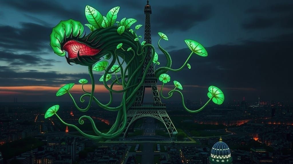 Stunning Eiffel Tower Landscape with Carnivorous Plant in Ma...