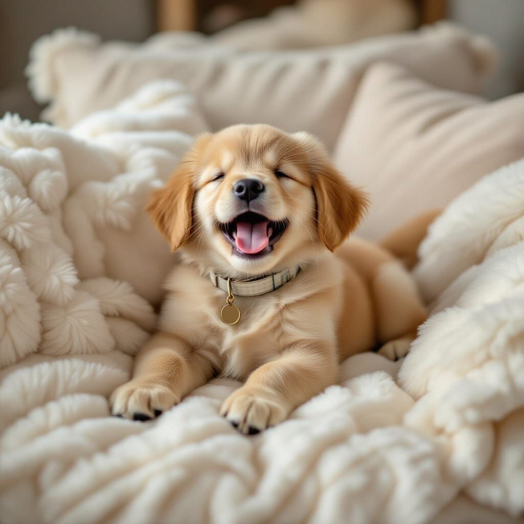 Adorable Baby Golden Retriever Stretches on Fluffy Couch
