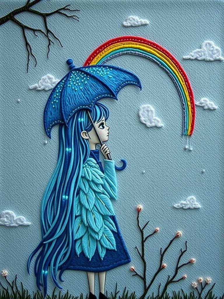 Whimsical Felt Artwork of Girl with Blue Hair and Rainbow Um...