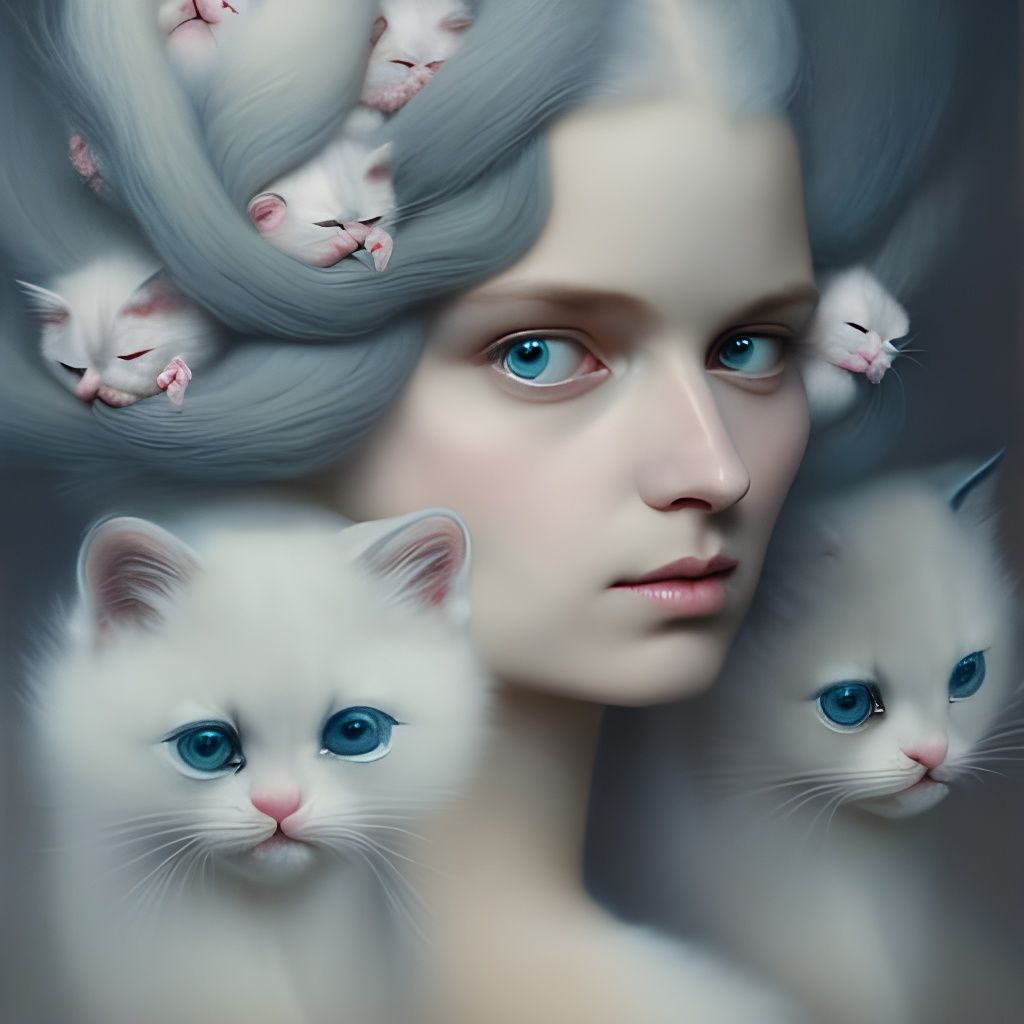 Woman with Kitten Hair: Surreal Oil Painting