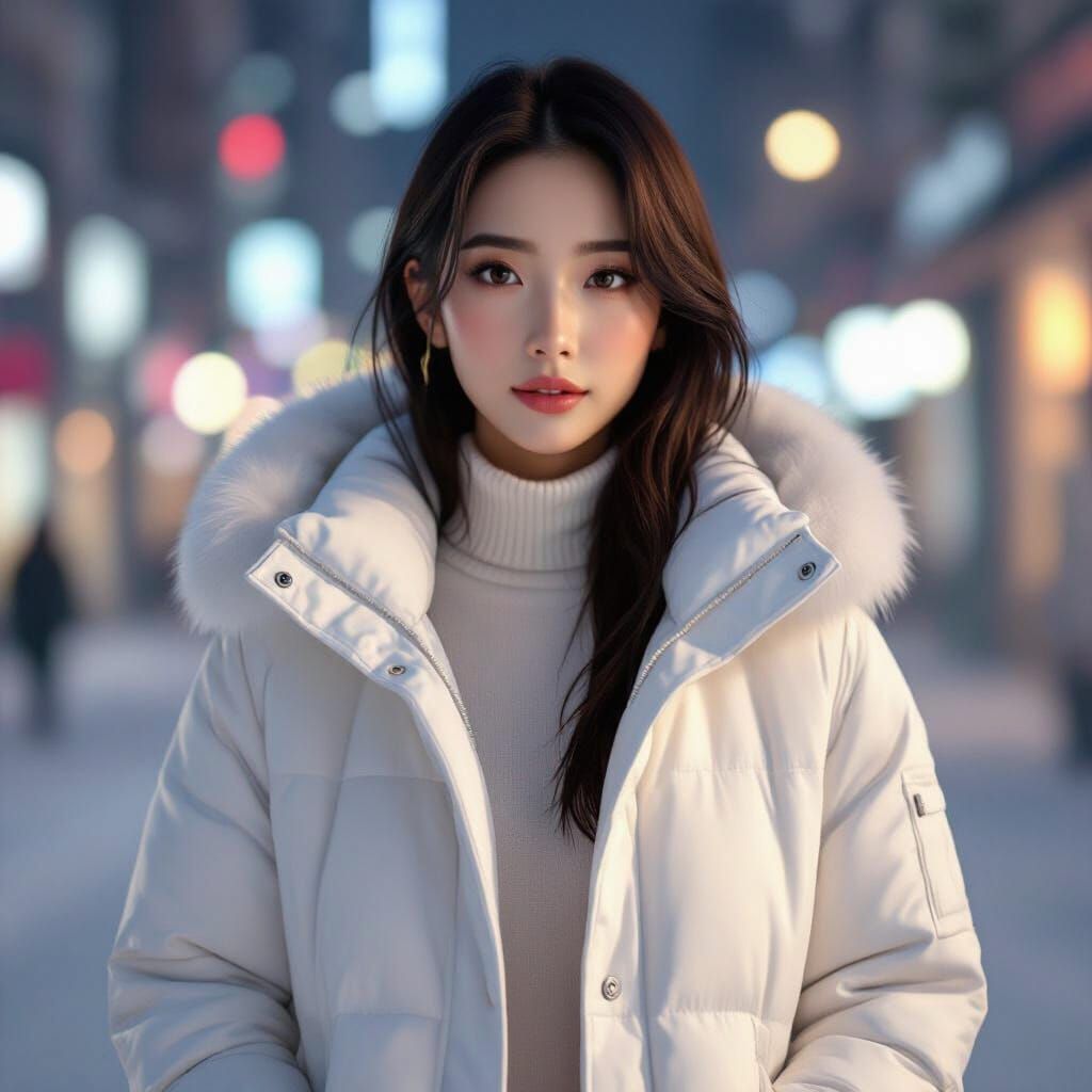 IU in Long White Down Jacket Cinematic 3D Portrait
