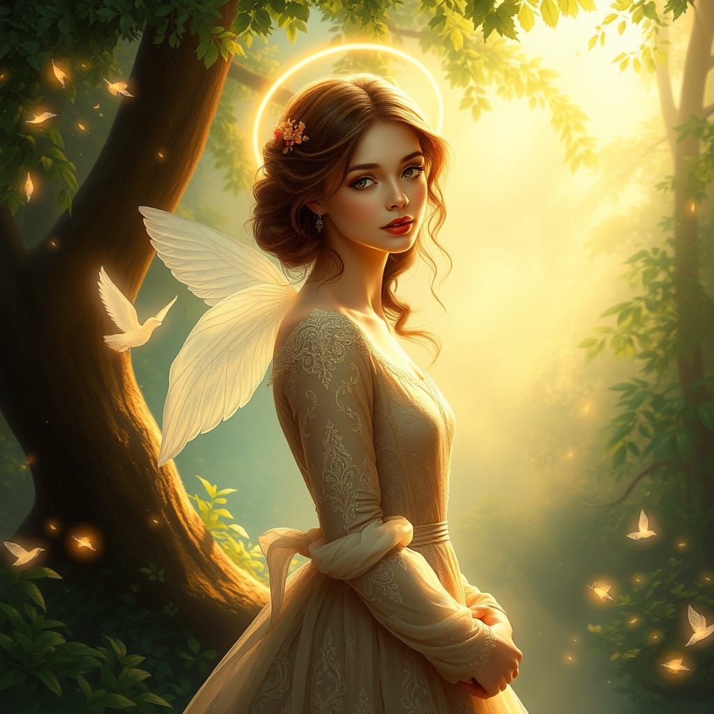 Serene Angelic Figure in Lush Forest Scene
