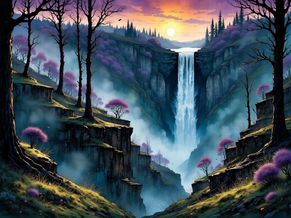 Mystical Waterfall Unfolds at Sunset in Vibrant, Painterly S...