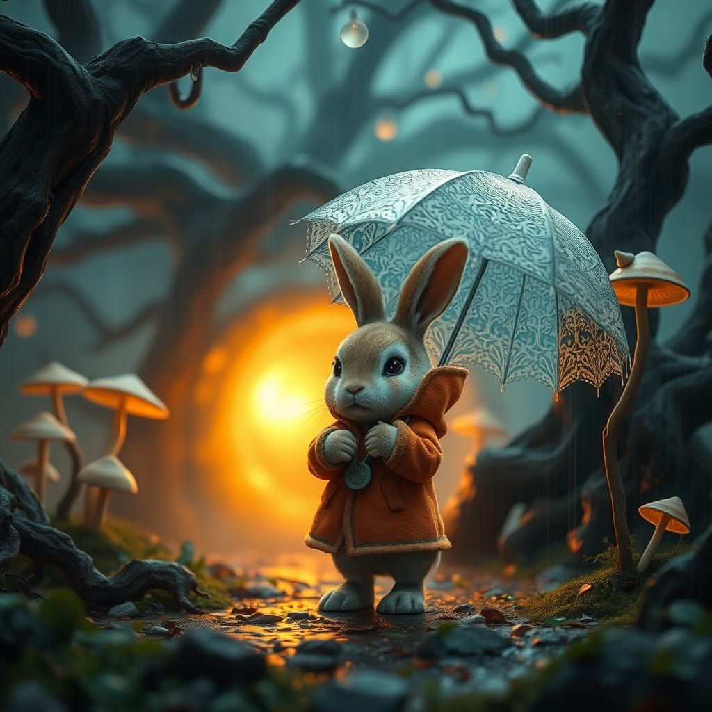 Sorrowful Bunny in a Whimsical Rainforest