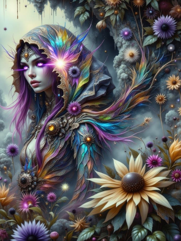 Mystical Shaman Woman in Dark Cave Illustration