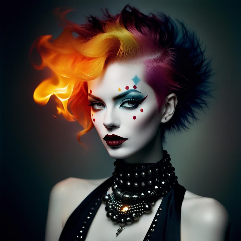 Punk Rock Fire Clown Portrait in Tonalism Style