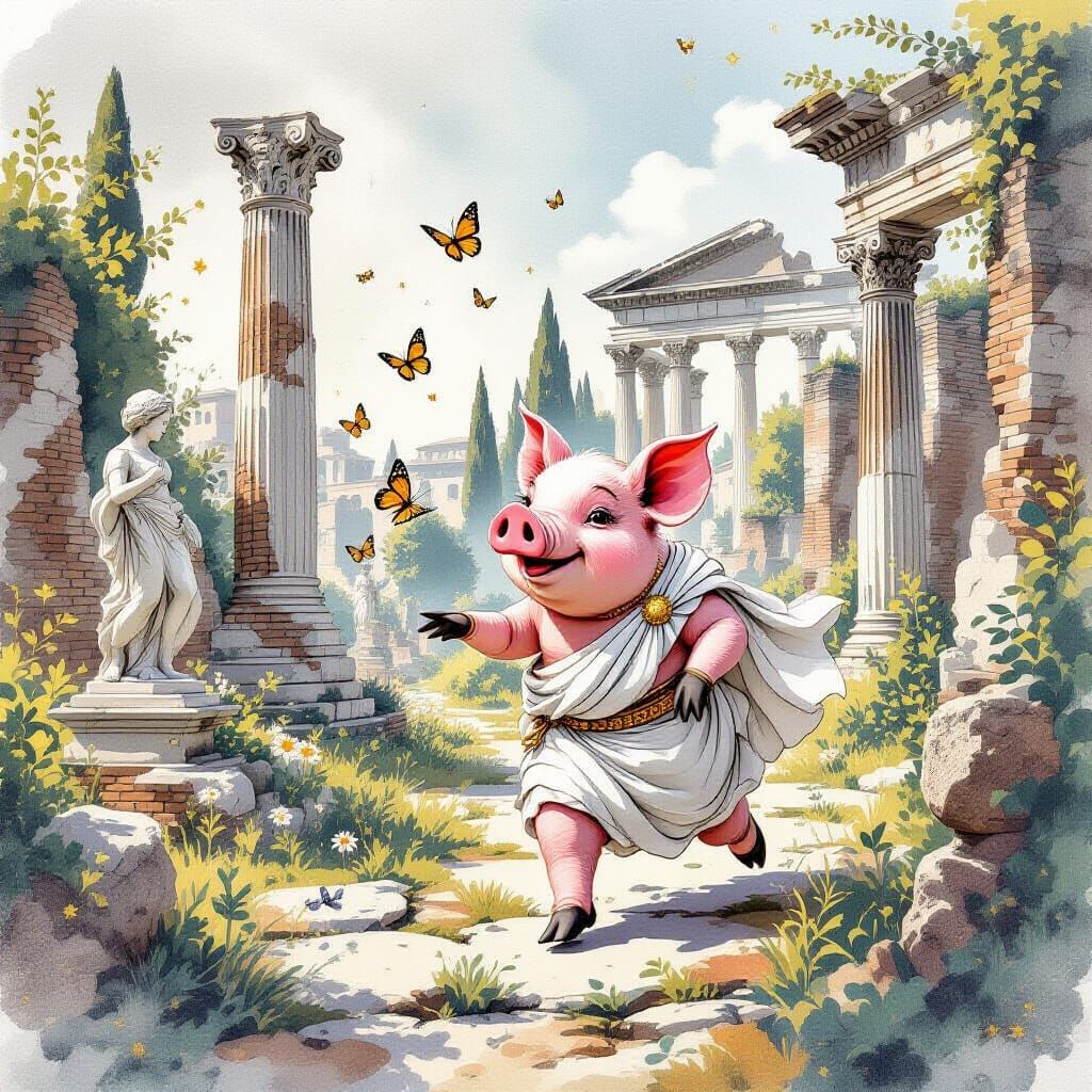 Playful Pig in Toga Amidst Roman Ruins