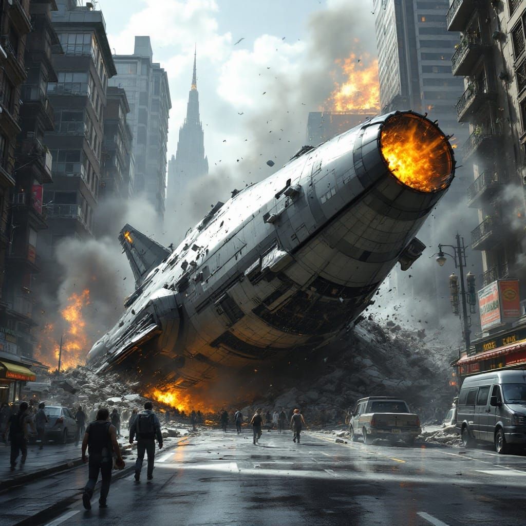 Massive Starship Crash in Futuristic Cityscape, in Industria...