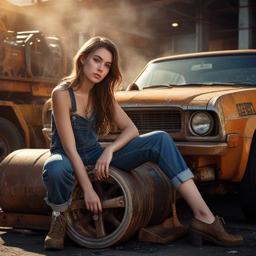 Girl Posing at Car Repair with Steamroller