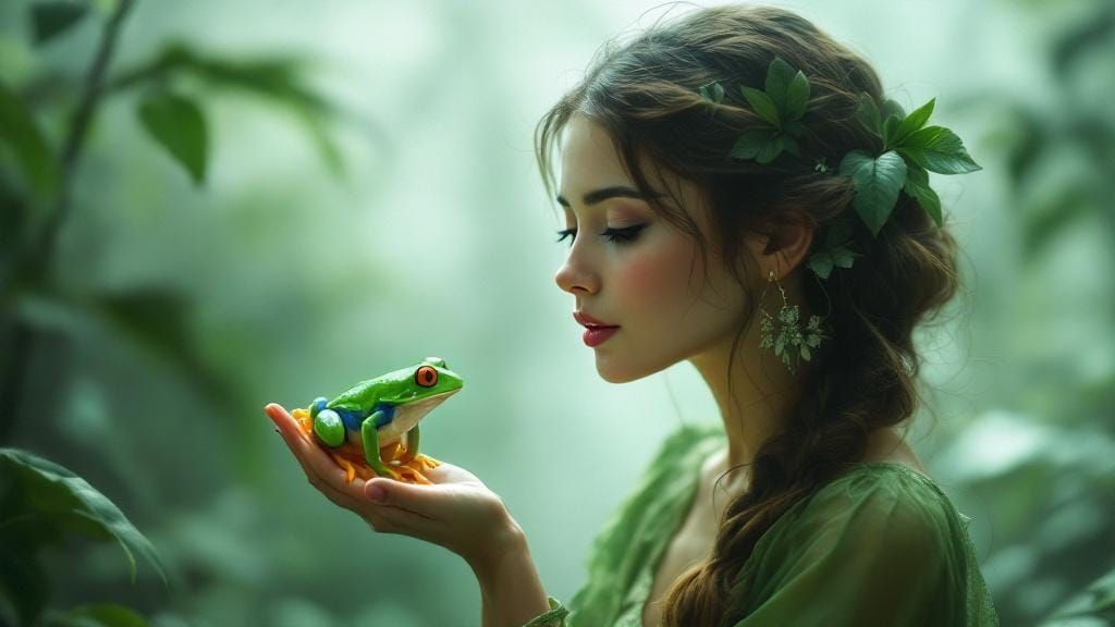 Woman and Frog in Misty Forest