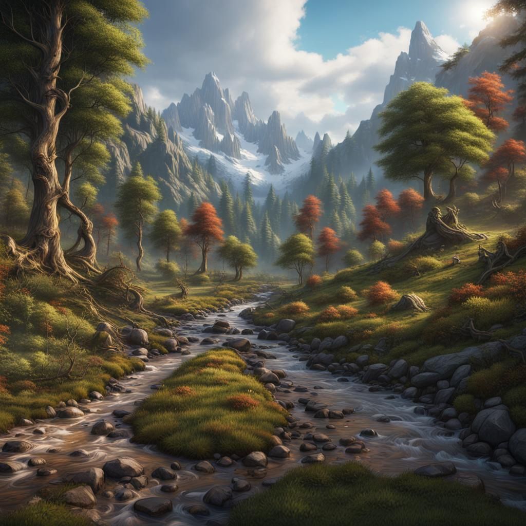 Mountain Stream Hiking Path in Matte Painting Style