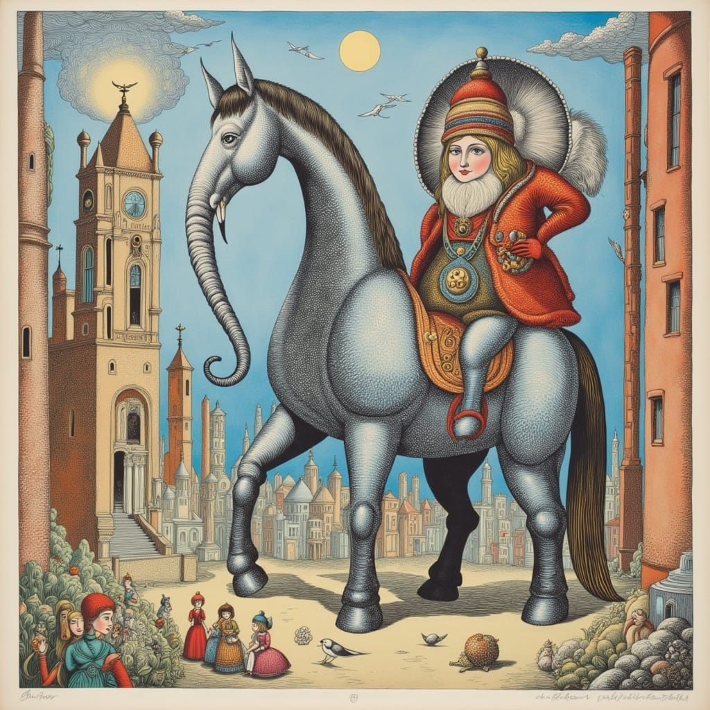 Whimsical Elephant-Trunked Horse in Colorful Illustration