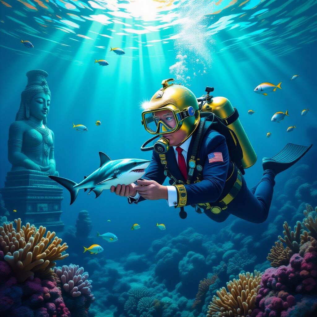 Surreal Trump Diver Explores Bioluminescent Reef