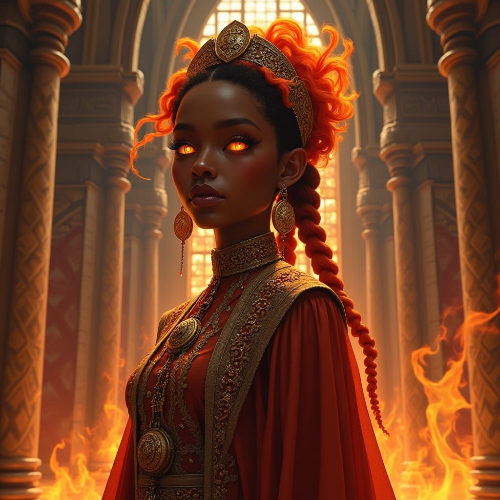 Surreal African American Bardess Radiates Fiery Elegance