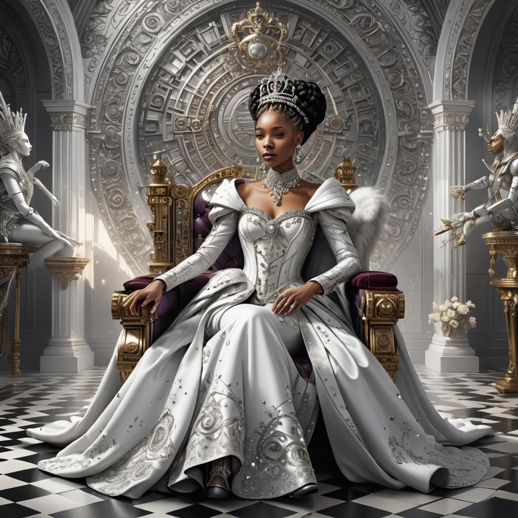 Afrofuturistic Queen on Throne in Hyperrealistic Digital Art