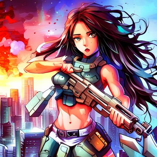Anime Girl in Futuristic Armor Against a Destroyed City