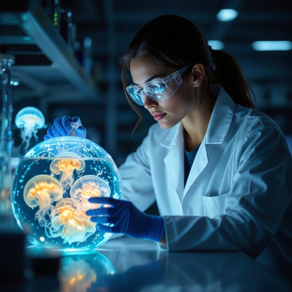 Woman Scientist Studies Bioluminescent Jellyfish in Moody La...