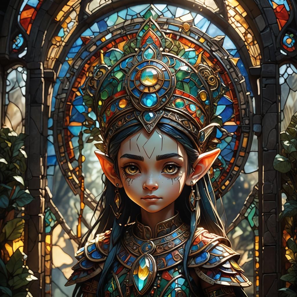 Luminous Stained Glass Mayan Elf in Sunlight