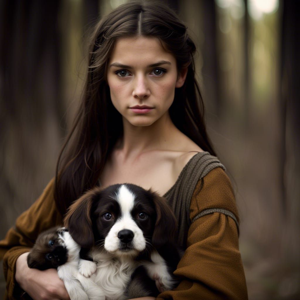 Medieval Peasant Girl Holding Black Puppy