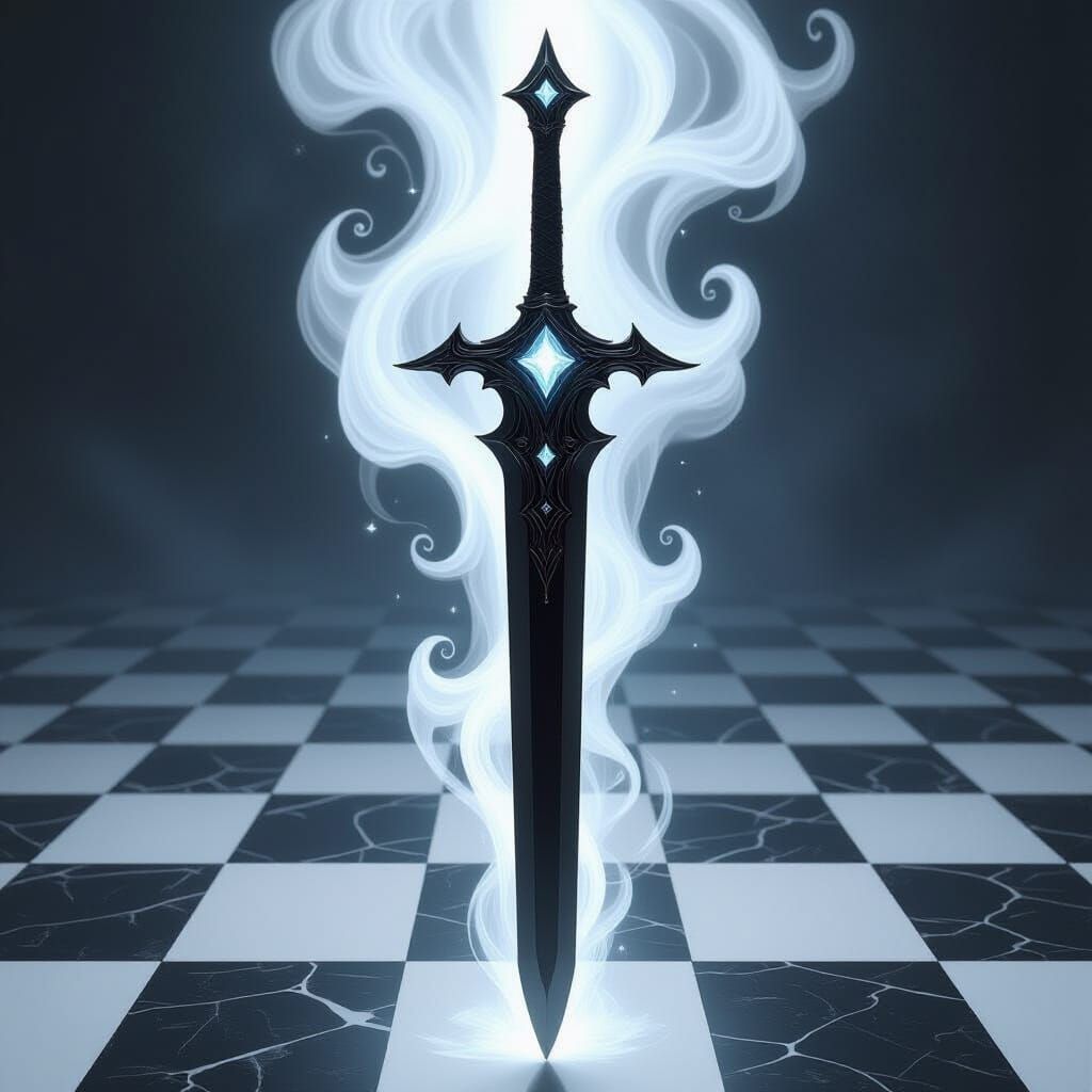 Black Sword With Crystal and White Glow in Dark Fantasy Styl...