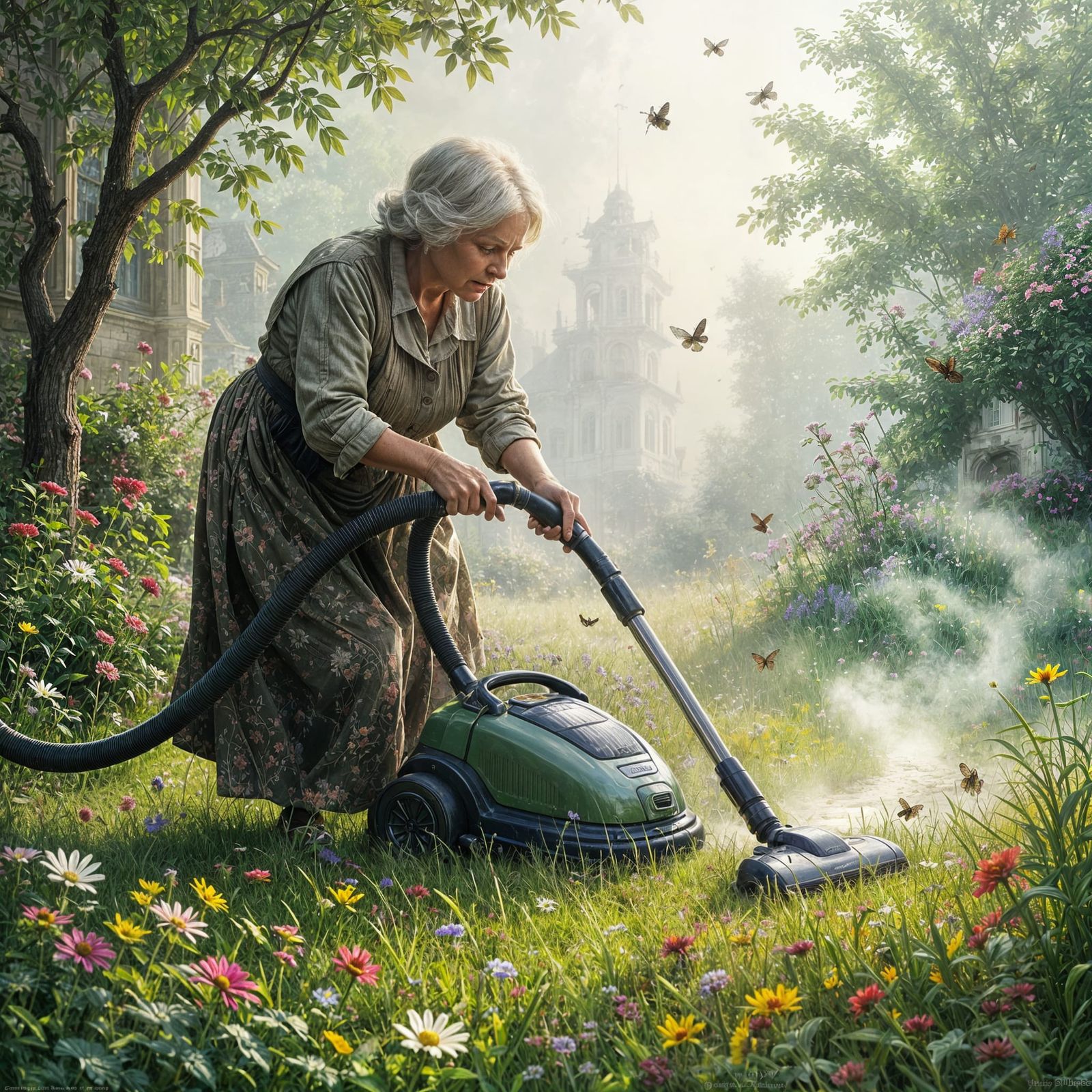 Elderly Woman Vacuums Garden Amidst Ethereal Mist