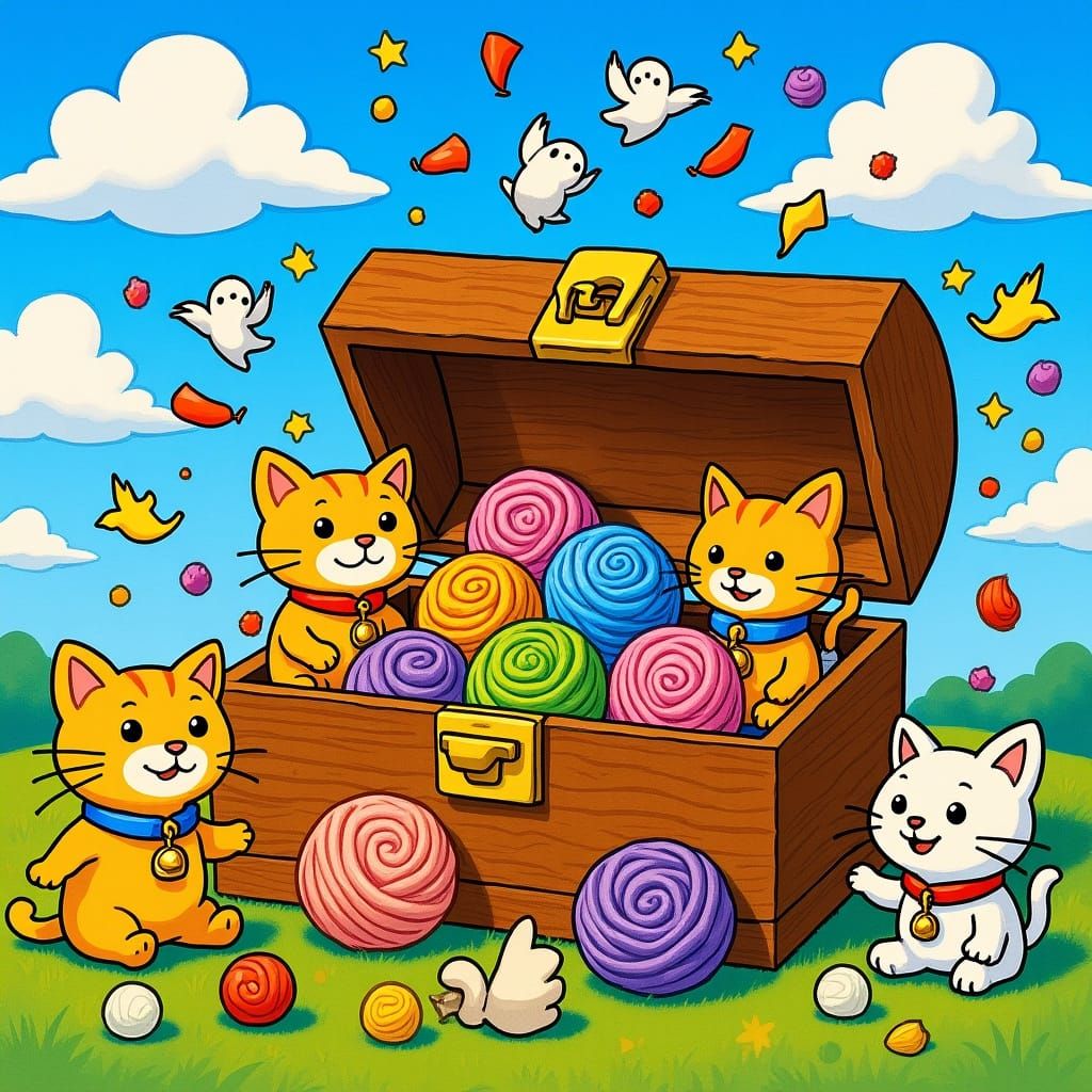 Kittens Discover Yarn Treasure in Cartoon Style