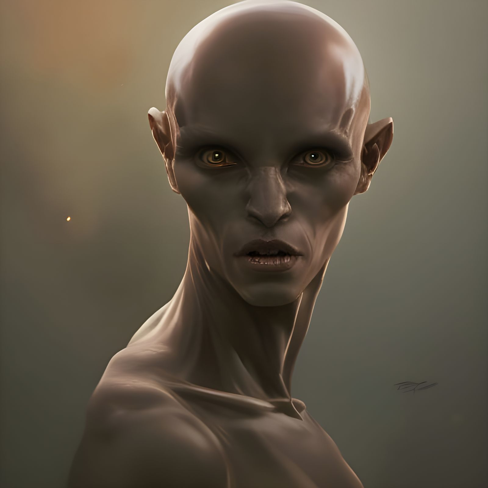 Detailed Portrait of a Bald Alien in Art Nouveau Style