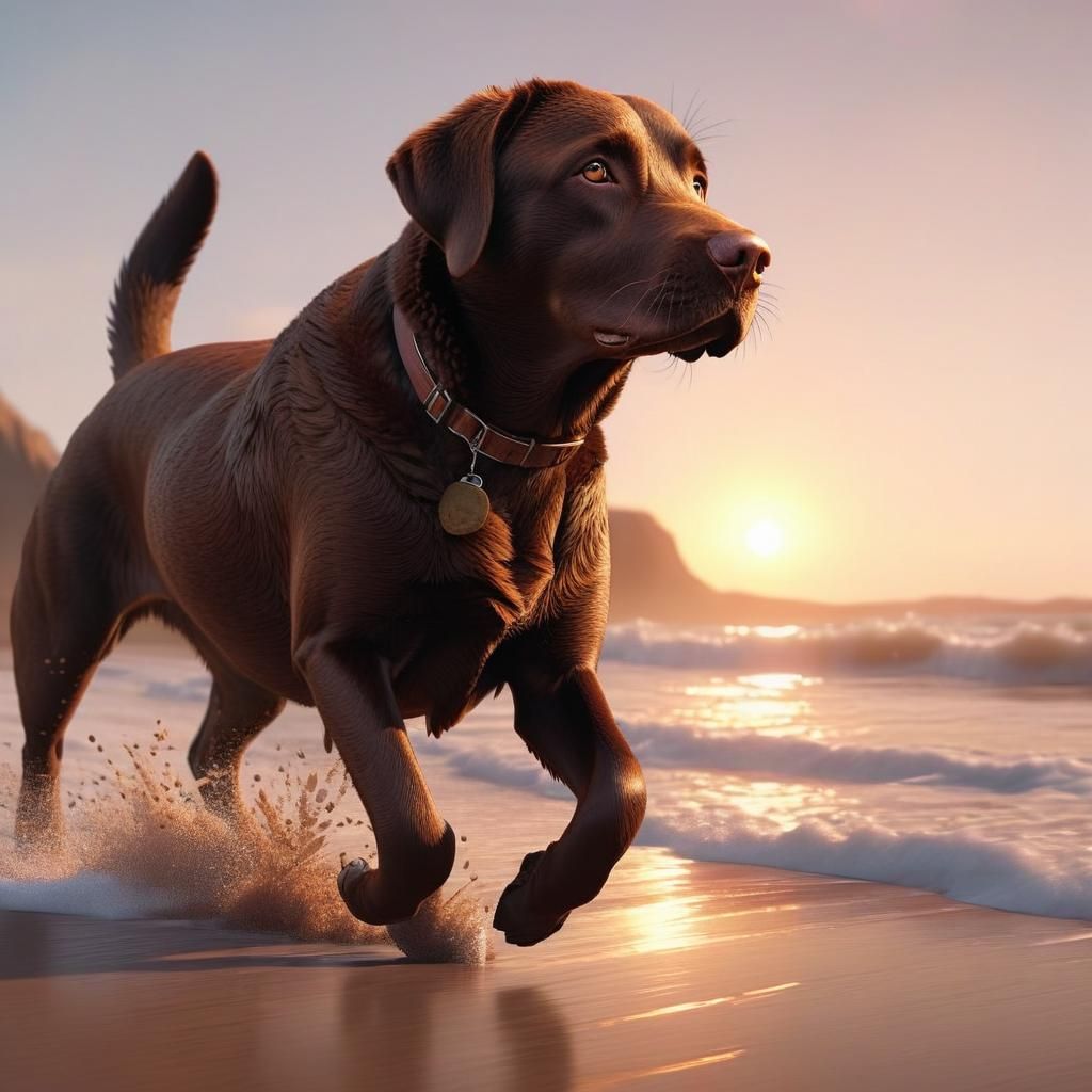 Labrador Runs on Beach at Sunset: Cinematic Digital Art