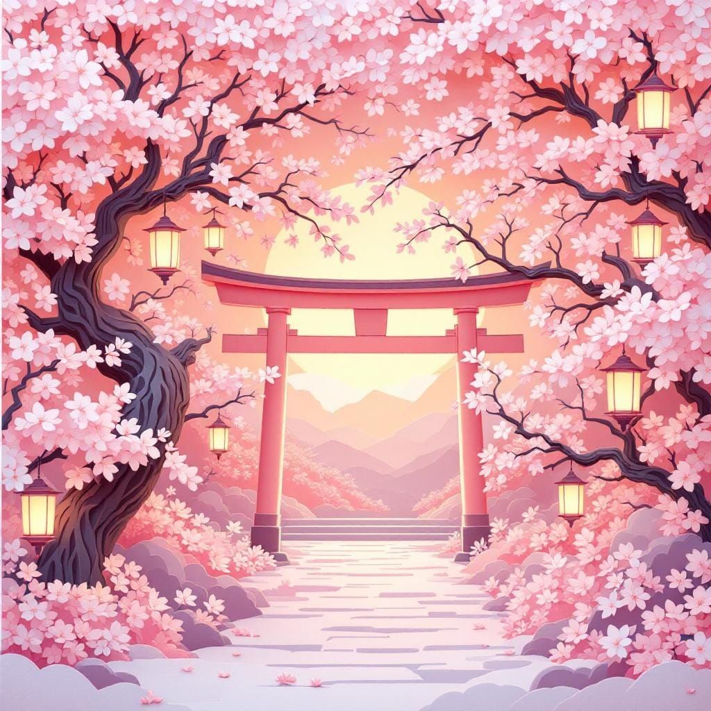 Cherry Blossom Shrine at Dusk in Paper-cut Style