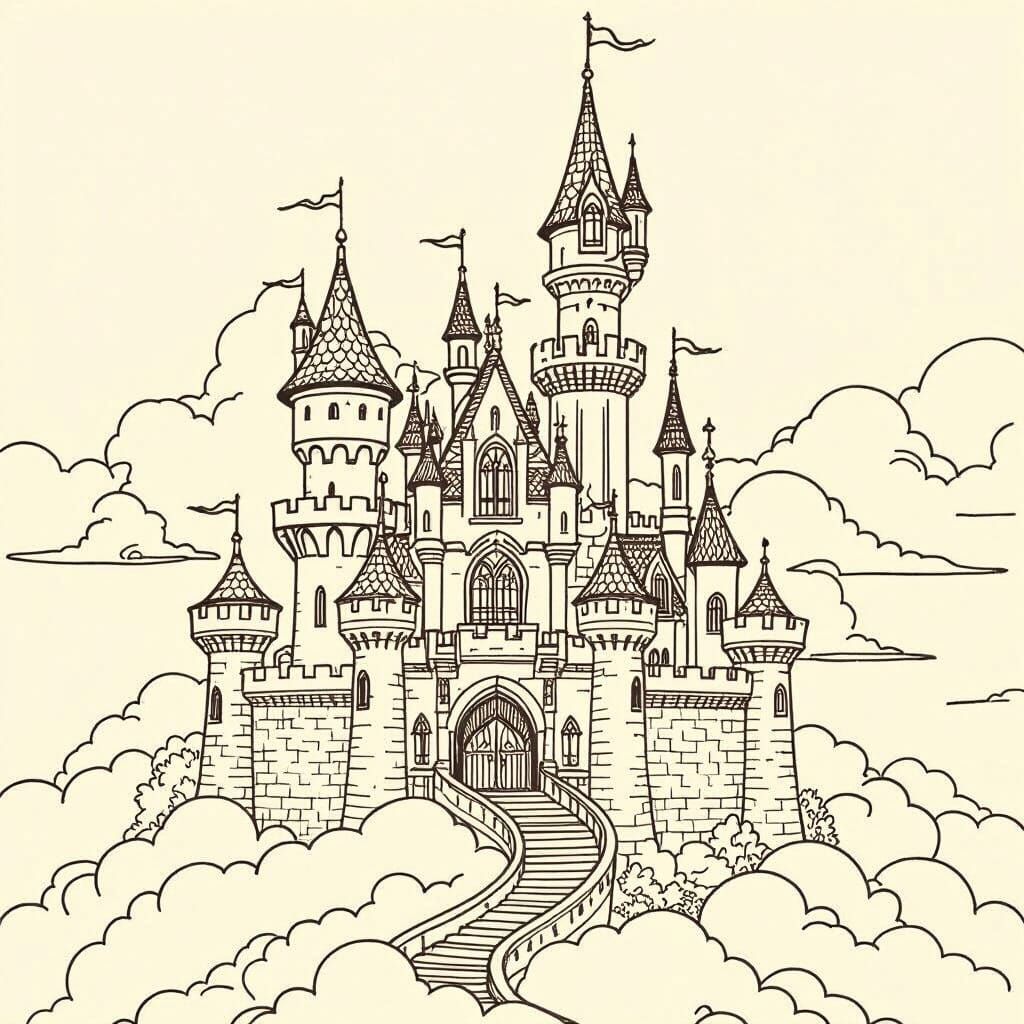 Whimsical Castle Coloring Page in Dreamy Style