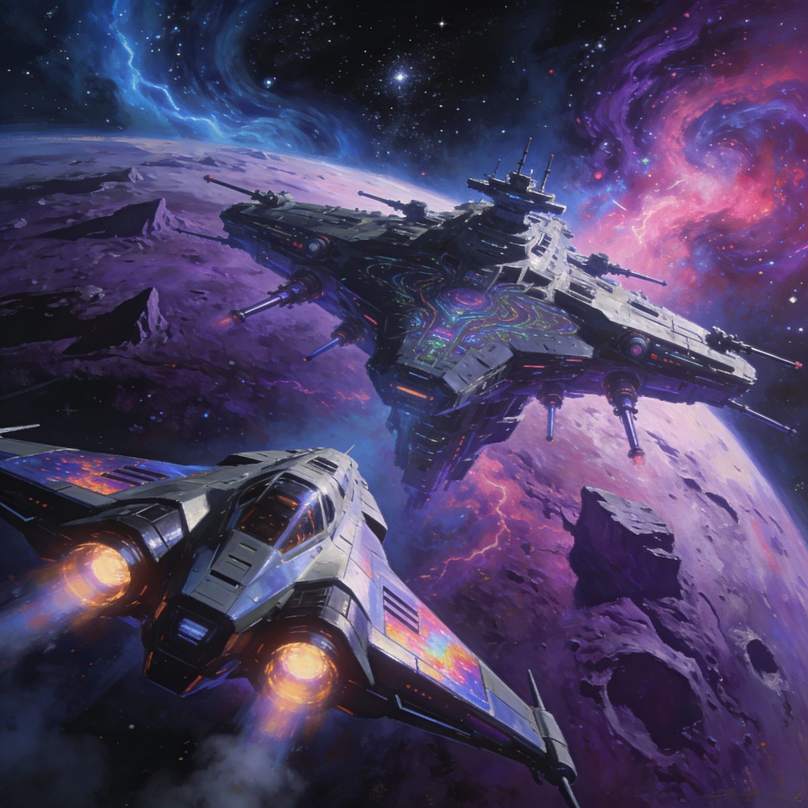 Futuristic Spaceship Encounters Alien Warship Near Nebula