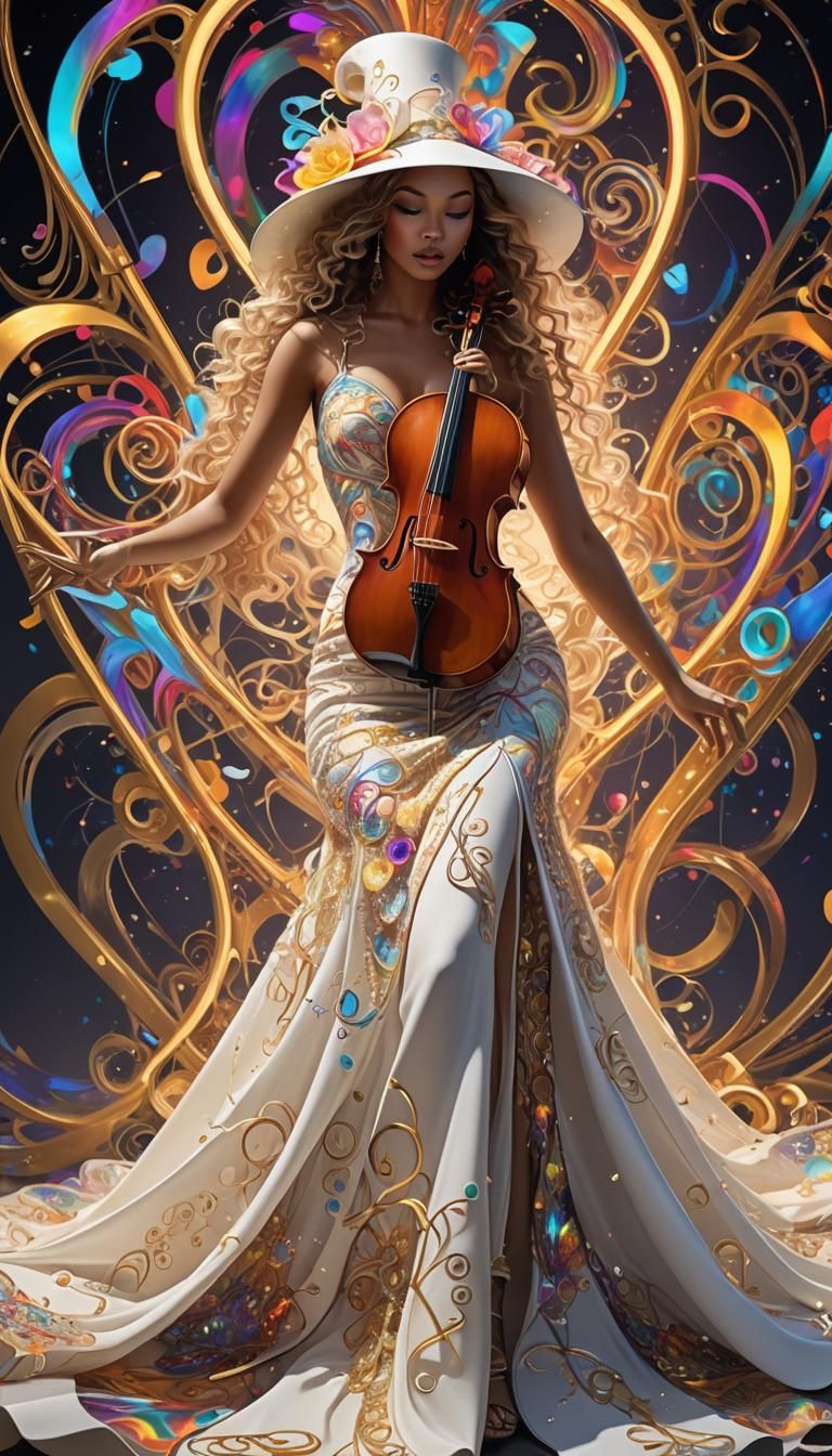 A model in a white flowing dress which swirls into a cello a...