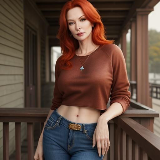Attractive Woman with Red Hair on Front Porch