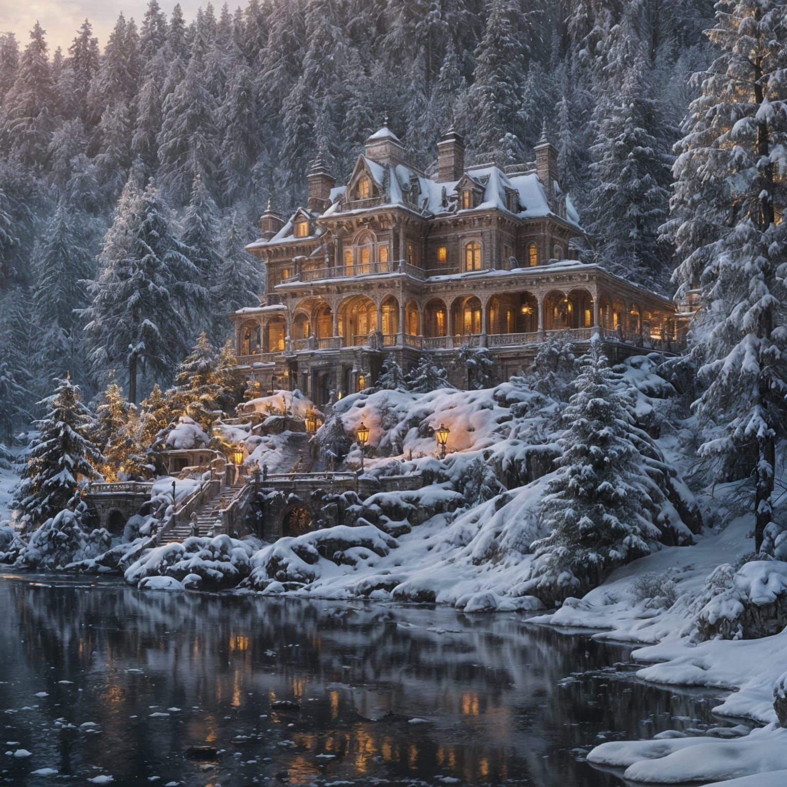 Victorian Christmas Mansion at Sunset: Cinematic Digital Pai...