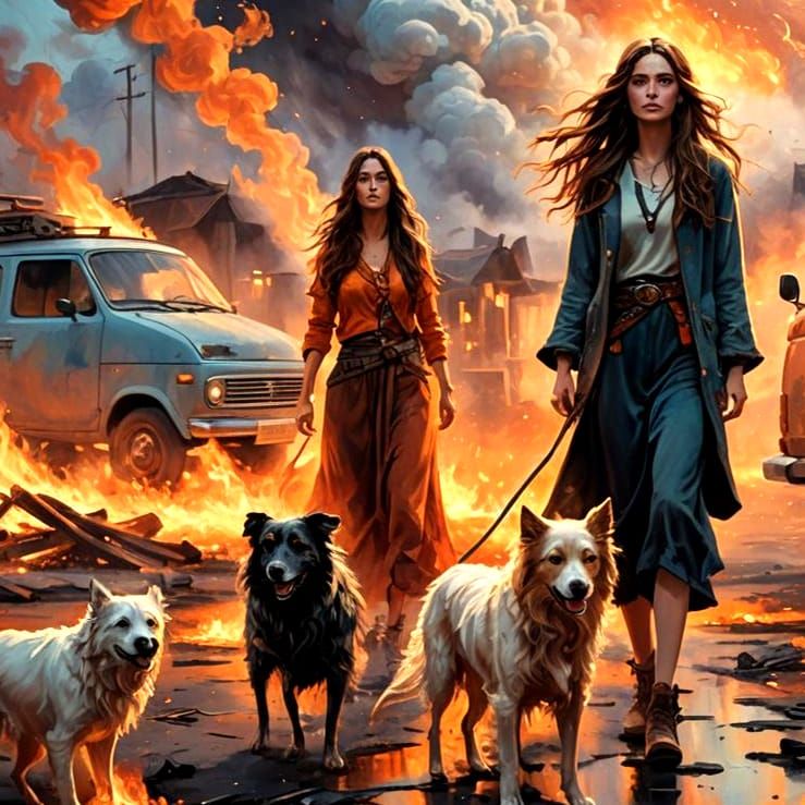 Surreal Morning Scene with Fires and Music