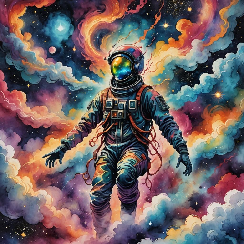 Cosmic Figure in Celestial Realm: Mixed Media Art