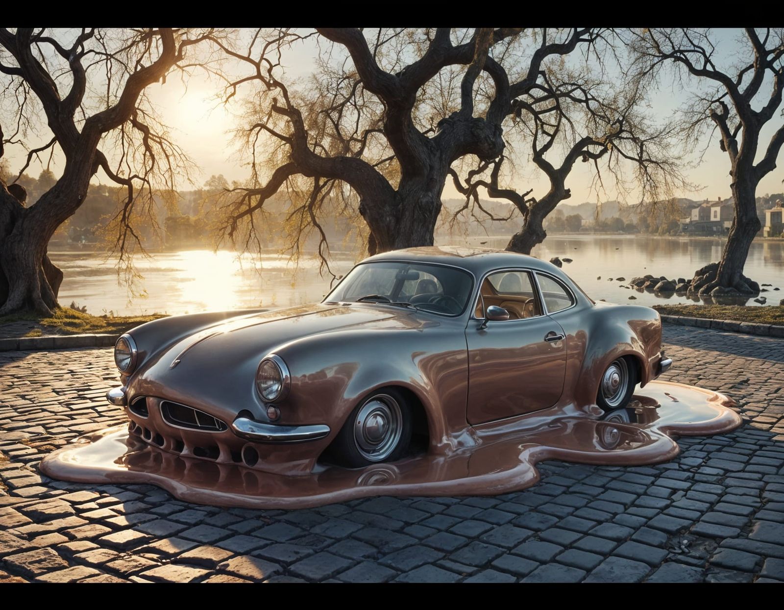 Surreal Melting Car by Sunlit Lake