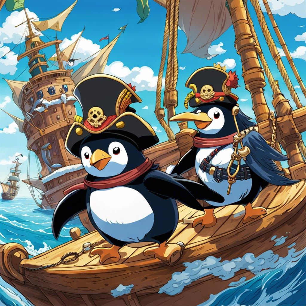 Penguin Pirates Sailing the Seas in Anime Style